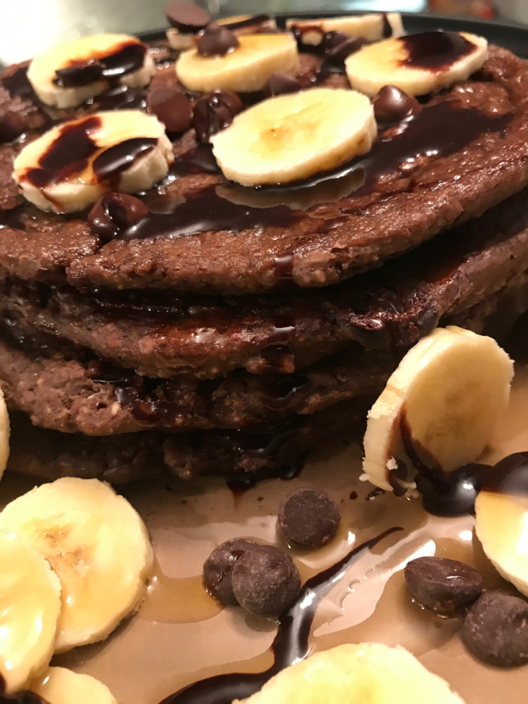 Vegan Chocolate Chip Banana Pecan Protein Pancakes
